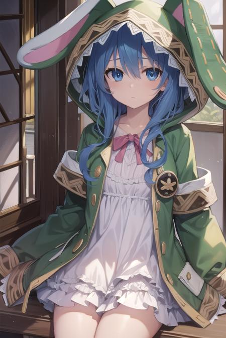 yoshino, blue eyes, blue hair, long hair, animal ears, animal hood, boots, coat, eyepatch, green footwear, hand puppet, hood, puppet, rabbit, rabbit ears, stuffed animal, stuffed toy,