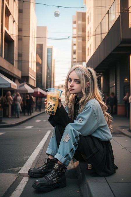 4K,8K. An attractive american gothic punk girl, with black punk fitting clothes, (blonde very long wavy hair:1.05) (wide dreamy light blue eyes,) wide smile, face close up, (holding a bubble tea,) (dynamic sitting pose, on the street) 2legs