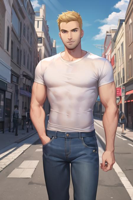 jackmorrison, blonde hair, stubble, dressed in casual clothes, jeans, white t-shirt, city street, sunlight, best quality, <lora:soldier76:0.7>