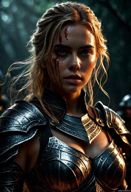 Ultra detailed digital art masterpiece Warrior girl dressed in a iron Armor, Standing on a battlefield at the head of an army of knights, where a bloody slaughter is taking place, standing in battle pose, a dark epic fantasy, perfect lighting, beautiful Kiernan Shipka as Warrior girl, attractive woman, elegant, sinewy athletic body, unreal engine 5 nanite quality, mixed with dark elements, dark environment, very stormy day, clean dark velour witch clothing, LOTR style, dark washed out eyeliner, no make up, natural bloody face, realistic brown eyes, ultra detailed atmospheric details, beautiful glowing effects, sparkle effects, realistic body proportions, beautiful face proportions, complex masterpiece, wavy blonde hair, creative glowing detailed tattoos, complex physics, enhanced colors, complimentary colors, ultra detailed raytracing reflections, Ultra detailed complex background, environment feels alive, direct eye contact, dramatic lighting, wet and sweaty skin, beautiful firm Breasts, Daylight, Concept art portrait by Greg Rutkowski, adding to the intense and dynamic atmosphere of the scene.