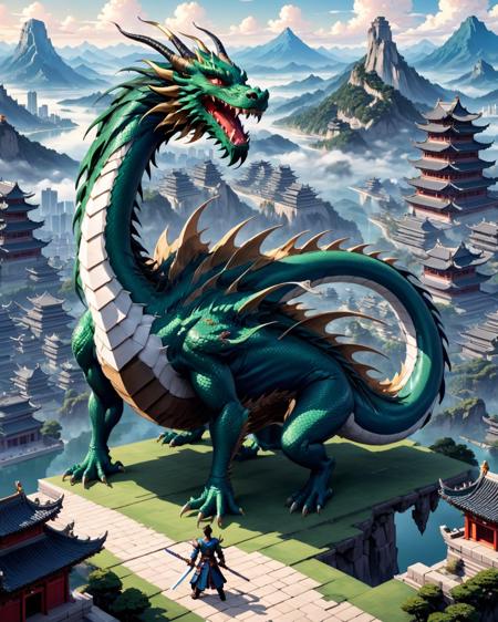 pixel-art <lora:CivitAI_ALL:1>  a dragon with a sword in front of a city, chinese dragon concept art, chinese fantasy, dragon in the background, by Yang J, colossal dragon in background, by Qu Leilei, akira from chinese mythology, epic fantasy art style, traditional japanese concept art, asura from chinese myth, chinese surrealism, by Wuzhun Shifan, by Fan Qi . low-res, blocky, pixel art style, 8-bit graphics