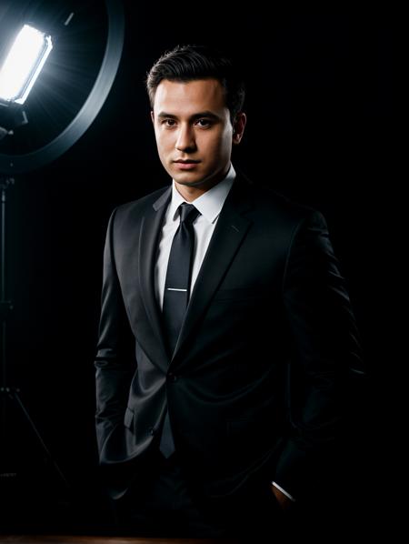1man, studio portrait, cinematic lighting, three point lighting, key light, rim light, wearing black suit, short hair, dark background
