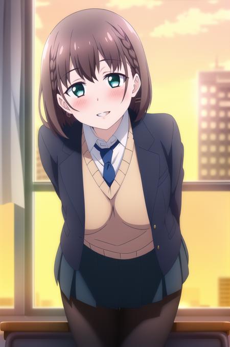 (masterpiece), high quality, (detailed background), 1girl, solo,
<lora:Commission_Ai-v1-06:0.7>, ChopioAi, brown hair, short hair, side braid, hairclip, green eyes, (looking at viewer:1.3),
mature female, large breasts,
outfit_1, blue blazer, open blazer, yellow sweater vest, white shirt, blue necktie, long sleeves, pleated skirt, blue skirt, black pantyhose,
thighs,
classroom, window, desks, chairs, sunset, contre-jour, backlighting, light rays, shadow,
standing, smile, (blush:1.2), parted lips, arms behind back, leaning forward,