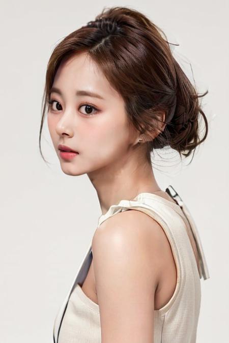 (masterpiece,best quality,realistic:1.3),1girl,solo,upper_body,sleeveless_shirt,bare_shoulders,(white_background,simple_background:1.3),tzuyu, <lora:tzuyu_nv:0.7>