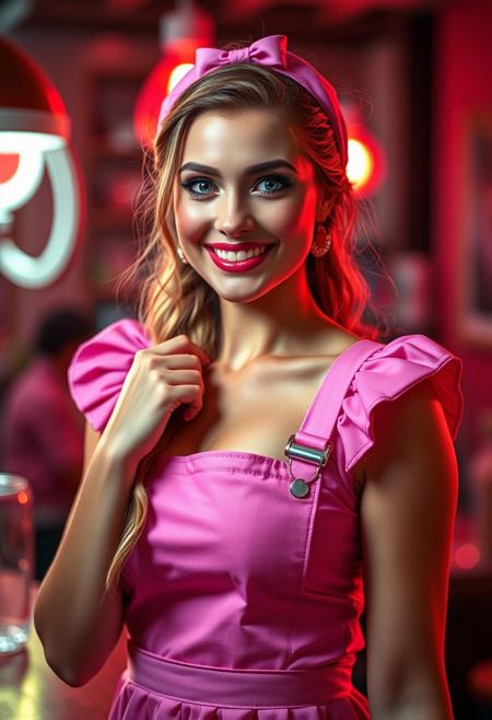 realistic photographic of a stunningly beautiful woman, a charming pin-up waitress model, sporting a vibrant pink uniform with a playful apron, engaging, flirty smile, atmospheric, irresistible gaze, sexy, masterpiece, best quality, dark and light neon mix, masterpiece midjourneyv6.1, volumetric lighting, expressive, warm colors, extreme energy, dynamic posing,