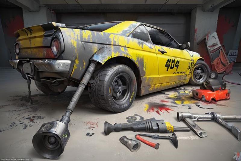 Dirty Yellow Car with Tools and Parts on the Ground