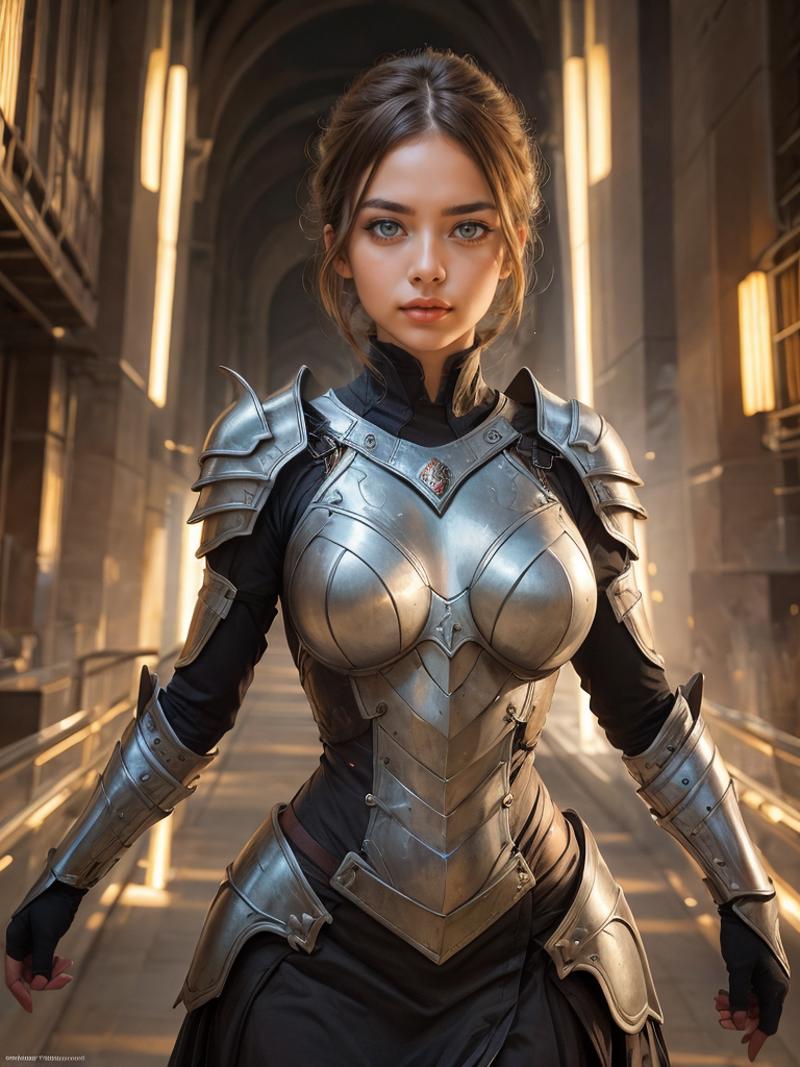 A woman wearing a steel armor costume.