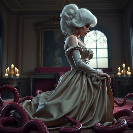Sexy, sultry, (Female, 1girl):1.3, (satin highly detailed georgian gown):1.3, (Huge breasts, big boobs, Large breasts), (firm Round perky breasts:1.2), (posturecollar):1.25, (, slim waist:1.35). Hair in large updo. kneeling at giant slime pillow, surrounded by tentaclesm lifted skirt
Rembrandt Lighting Style, great lighting. At twilight, in victorian mansion sideview
Ultra realistic, 8k, uhd, best quality, best resolution, lifelike, white wig, ent over, on all fours, 
large breasts, big boobs, huge tits, georgian gown,