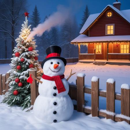 snowman near a wooden fence with cardinals, background Christmas tree and snowy house, illuminated with smoke coming out of the chimney