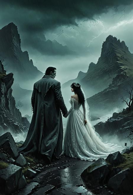 A monochromatic illustration depicts Frankenstein's monster and his bride amidst a stormy backdrop. The monster dons a frayed coat and has lengthy, black tresses, while standing on a rugged landscape. His bride possesses dark, elongated hair and wears a white gown, with a greenish hue to her complexion. The overall scene exudes an eerie atmosphere.