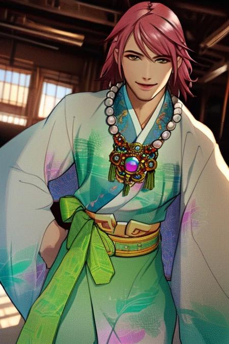 Kongouman pink hair yellow eyes hanfu necklace wide sleeves green sash