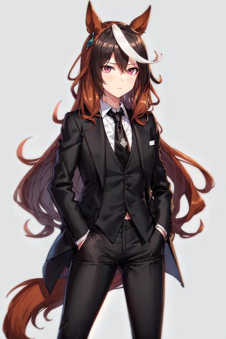 masterpiece, best quality,
symboli rudolf \(umamusume\),
alternate costume, formal, suit, black necktie, black jacket, collared shirt, white shirt, jacket on shoulders, hands in pockets, black pants, coat on shoulders, long sleeves, 
<lora:sybmoli_rudolf_locon:0.6>