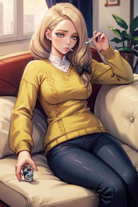 masterpiece, best quality, mercedes_academy, hair bow, yellow pullover sweater, pants, holding a cigarette, tired, living room, couch<lora:mercedes-nvwls-v3-000014:0.8>