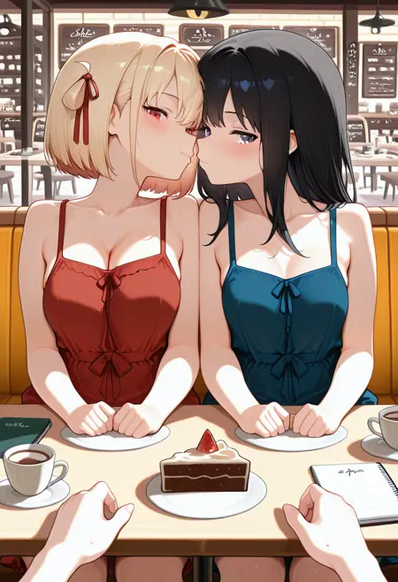 2 girls. Across table.