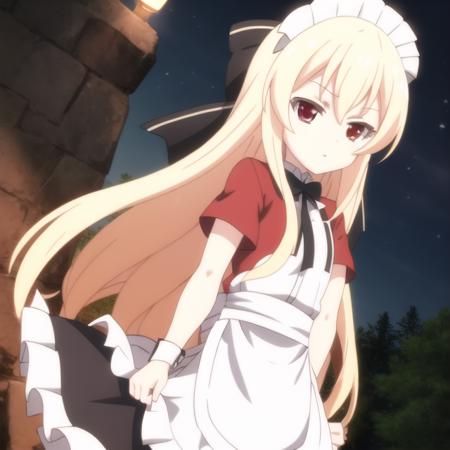 mondaiji-leticia, apron, bow, blonde hair, long hair, hair between eyes, red eyes, full body, solo, 1girl, outdoors <lora:mondaiji-leticia:0.5>