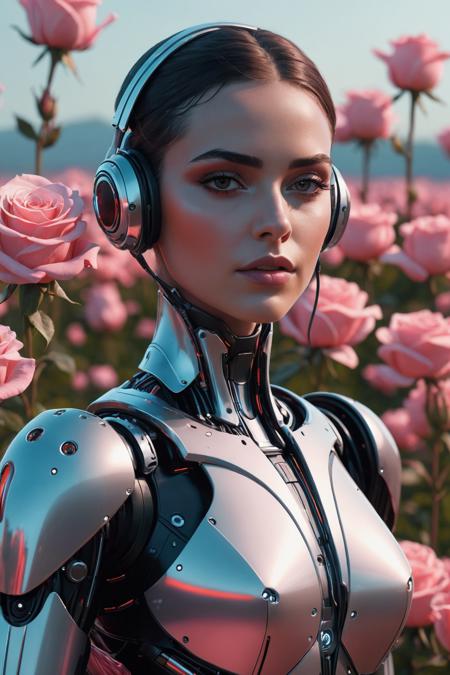 futuristic cyberpunk robot, female, glowing tubes, in a rose field, octane render, 8k resolution