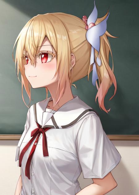 <lora:Fuyou_Yuuna-10:0.8>,Fuyou_Yuuna, 1girl, solo, blonde hair, hair ornament,red eyes,thick eyelashes, hair between eyes,school uniform,hair ribbon,white shirt, short sleeves, serafuku, side ponytail, red ribbon, neck ribbon,white ribbon,