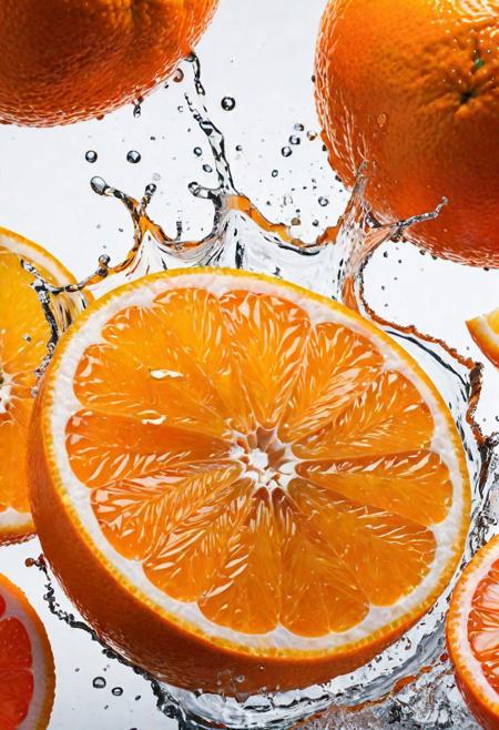 Captivating close-up shot of fresh orange slices, with a dynamic splash of vibrant orange juice adding a sense of energy and movement to the frame. The image highlights the intricate texture and deep, warm orange color of the fruit's skin, set against a vibrant orange color tone. This high-speed photograph captures the beauty of the oranges in stunning detail, showcasing the allure of fresh fruit and the artistry of food photography.