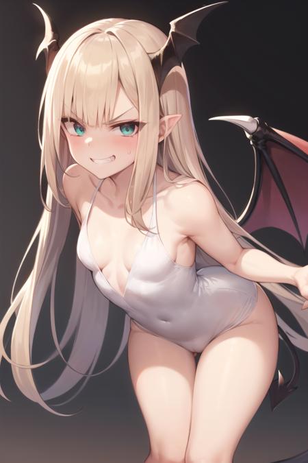 1girl, solo, masterpiece, best quality, <lora:reines_v2:0.8>, smile, demon tail, grin, tail, +++, simple background, blush, looking at viewer, v-shaped eyebrows, teeth, collarbone, small breasts, smug, evil grin, dress, wings, sleeveless dress, camel toe