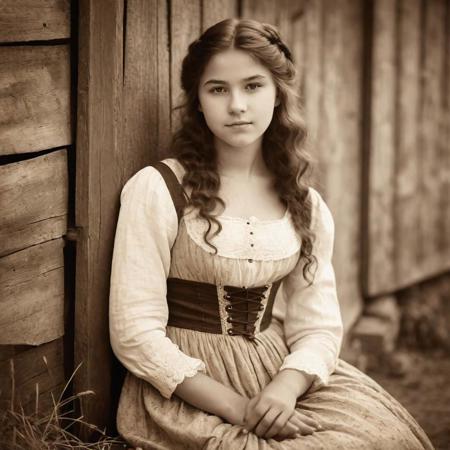old photo in sepia color, an 18-year-old girl from the area of ​​France wearing a dress from the time of 1800 AD, a beautiful girl with long hair, sitting in front of a barn, natural lighting,