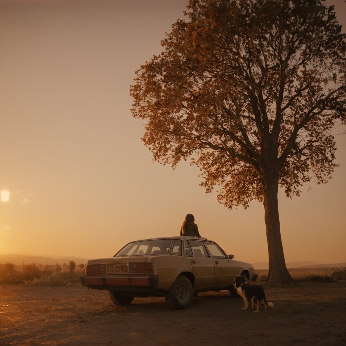cinematic film still of  <lora:Warm Lighting Style:1>
warm light,a woman standing next to a car with a dog in the back,war...
