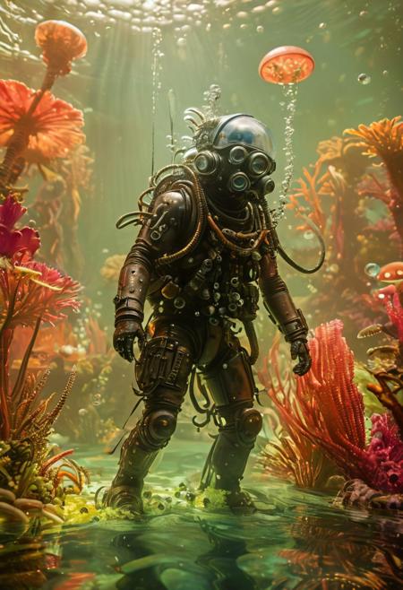 a photo, realistic, photography, masterpiese, colorful, bright and whimsical, imaginative, epic image a imperial paratrapper marine paratrupper on a waterworld. The underwater atmosphere   wibrants color and shiny bubbles of gaz, Natural lighting, Aggressive plant and animal life forms., Natural light, .The background is blurred by Hasselblad depth of field, 100 mm, macrolens, high detail,