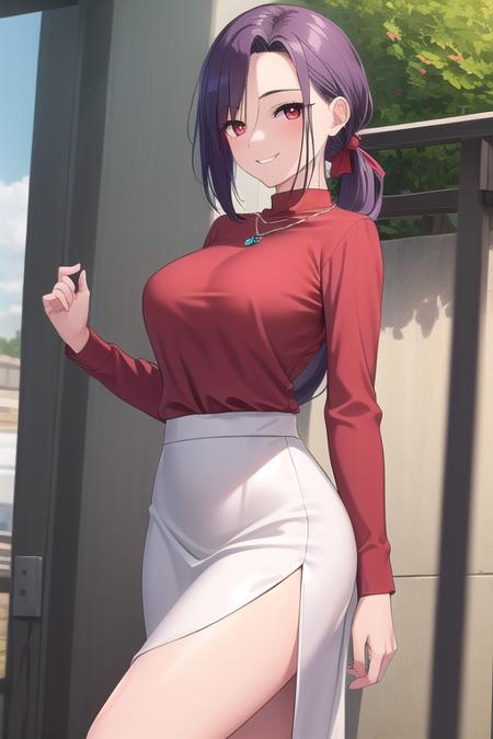 mature female Sagimiya Hazuki purple hair,very long hair,low ponytail,hair bow,red bow,hair slicked back,sidelocks,red eyes jewelry,necklace,red shirt,long sleeves,large breasts,skindentation,white skirt,long skirt,side slit,high heels