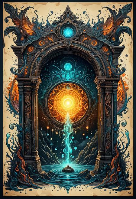 Finely detailed vector illustration, portal to another dimension, ultra realistic quality, hyperdetailed, intricately detailed, fantastical, intricate detail, splash screen, dramatic colors, fantasy concept art, 8k resolution, masterpiece, ink on old parchment, faded colours, magical glow, calligraphy,