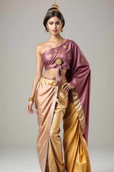 Full body, thai dress, brown eyes, hair ornament, collarbone, blush, flower, closed mouth, brown hair, midriff, very short hair, Sabai, Gold pale pink and pale blue theme, <lora:277e6780-7e4d-4bce-95ee-cf4a7da9bd59:0.7>