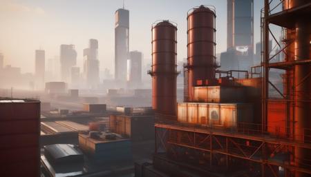 <lora:3DCyberpunkStyleXL:1.4> industrial area, water towers, power lines, skyscrapers, urban skyline, hazy sky, billboards, rust and decay, warm color palette, golden hour lighting, storage tanks, pipelines, sunlight reflections, haze effect, metal structures, art by anton leonov, angular architecture, shadow and light contrast,  geometric shapes, cyberpunk 2077 style, no wildlife, technological structures, reinforced concrete, industrial equipment, worn surfaces, no people, ,
