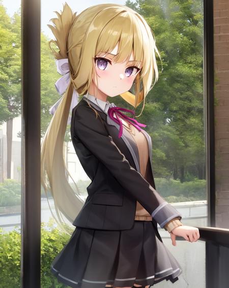 <lora:Nogi_Wakaba-10:1>,1girl, solo, long hair, skirt, blonde hair,ponytail,long sleeves, ribbon,school uniform,purple eyes, white shirt, collared shirt, black skirt, open jacket, red ribbon, black jacket, neck ribbon, blazer,brown sweater,