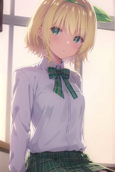 yuikakoga, <lora:yuika koga s1-lora-nochekaiser:1>,
yuika koga, short hair, blonde hair, (green eyes:1.3), hair ribbon, hairband, green ribbon,
BREAK skirt, shirt, school uniform, white shirt, plaid, plaid skirt, green skirt,
BREAK indoors, classroom,
BREAK looking at viewer,
BREAK <lyco:GoodHands-beta2:1>, (masterpiece:1.2), best quality, high resolution, unity 8k wallpaper, (illustration:0.8), (beautiful detailed eyes:1.6), extremely detailed face, perfect lighting, extremely detailed CG, (perfect hands, perfect anatomy),