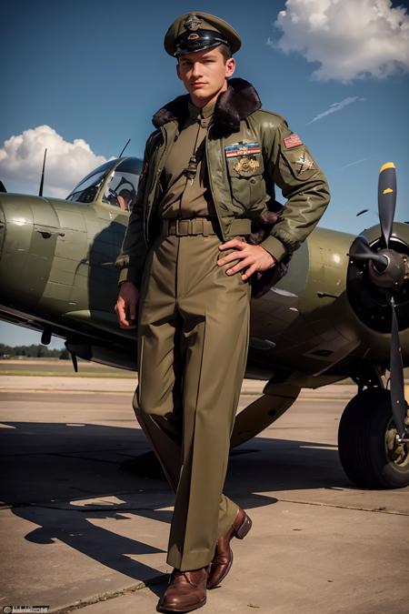 1940's style, standing at an airfield, standing in front of a American World War II bomber, B-29 bomber, TravisWade dressed as an American (World War II bomber pilot), (bomber jacket), (fur collar), olive drab shirt, trousers,  olive drab socks, Russet brown shoes, officer's cap, bomber pilot, slight smile, looking at viewer, masterpiece, ((full body portrait))   <lora:TravisWade:0.8>