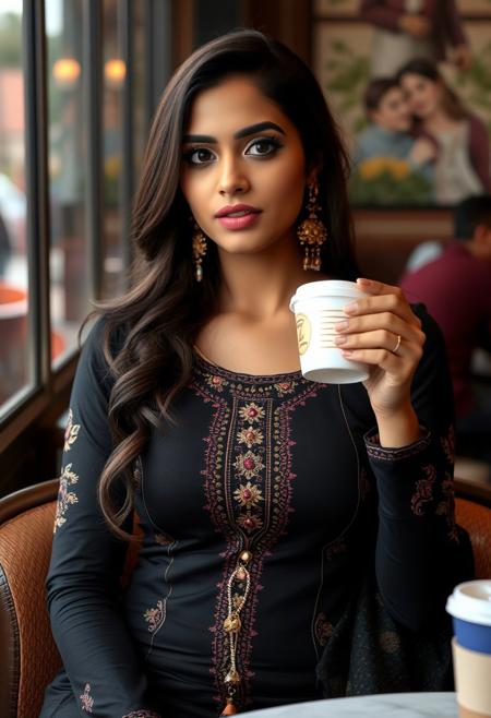 realistic photo of beautiful punjabi woman, 23 years old, mocha skin, makeup, flashing boobs, wearing a tightly fitted salwar kameez,  jhumka, rani haar, mendhi jewels,  in a cafe having a coffee.