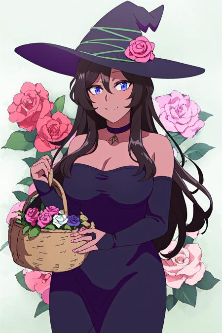 viola, 1girl, solo, black hair, long hair, blue eyes, dark skin, witch, witch hat, rose background, choker, large breast, cleavage, basket, looking at viewer, black dress, bare shoulders, bridal gauntlets, hat flower, pink rose, hair between eyes, sparkle, smile
high quality, best quality, ultra detailed, masterpiece, medium breast, <lora:EMS-53119-EMS:0.800000>