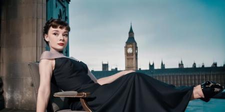 <lyco:Audrey Hepburn-v1.0:1> portrait of beautifulAudrey Hepburn, full body view, posing in an evening dress on a blacony, big ben in the background, sitting on a chair, realistic, film grain, sharp, bokeh, uhd, movie screenshot