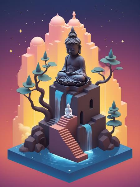 video game monument valley style, (A Buddha statue on the roof:1.1), stairs, water, cloud, trees, waterfall, gradient background, Night, starry sky,  <lora:Monument Valley style:0.7>