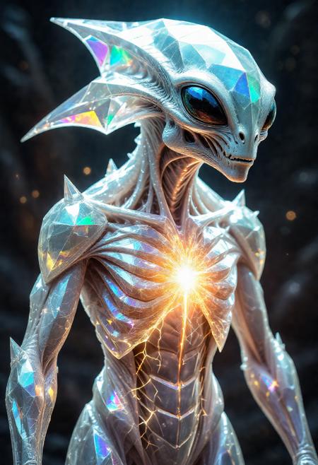 A detailed view of a crystalline alien creature, its body made of transparent, faceted surfaces, refracting light into rainbow patterns, with tiny fractures that reveal glowing energy coursing inside.