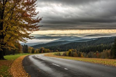 professional photo, photo of autumn landscape, dramatic lighting, gloomy, cloudy weather