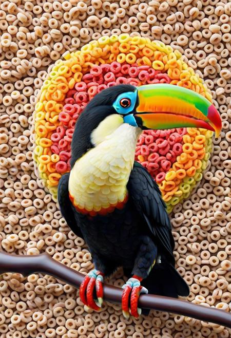 score_9, score_8_up, score_7_up, high detail, digital art, best quality, Toucan made of fruit loops