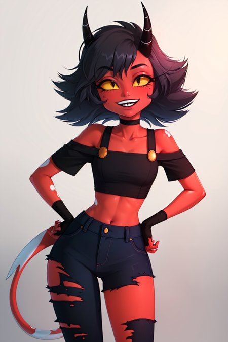 hbmillie demon girl colored skin red skin horns colored sclera yellow sclera tail torn clothes off-shoulder shirt fingerless gloves