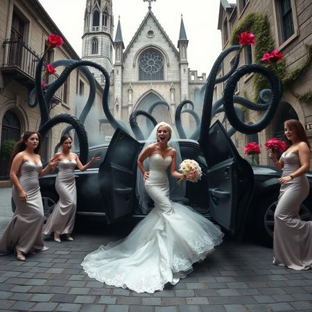 Elegant bride in a lavish, beaded, lace-trimmed, mermaid-cut wedding gown, paired with stiletto heels, struggles to resist the grasp of dark, misty tentacles emerging from the depths of a sleek, black limousine, as she's being pulled inside. Surrounded by a troupe of bridesmaids, dressed in satin, blush-pink gowns, their faces frozen in terror, in the midst of a quaint, cobblestone town square. The majestic, Gothic-inspired cathedral looms in the background, its stone façade weathered to a soft, moss-covered grey. The atmosphere is heavy with foreboding, as poisonous, rare flowers with blood-red petals and razor-sharp thorns, twine around the scene, evoking a sense of macabre romance, reminiscent of the haunting, surreal works of Zdzisław Beksiński, the eerie, dreamlike quality of H.R. Giger, and the dark, mystical atmosphere of Ash Thorp's digital art.