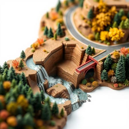 (isometric view, 3d square mini word, miniature,tilt-shift lens:1.5),(side view:1.3),3d,CG,photo,waterfall,forest,gradation,autumn,grand_canyon,brick_arch_truss_bridge,road,tunnel, isolated on a white background,