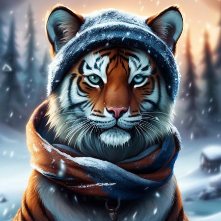 a cute skinny tiger wearing a winter toque and scarf in the snow, realistic, at artstation and behance, art by wcat8-v2-2000, cinematic lighting, night, heavy snowfall, snowstorm, realistic