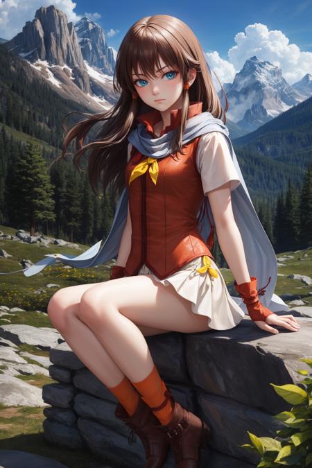 masterpiece, best quality, feMist, white scarf, orange vest, yellow dress, orange socks, boots, mountains, hills, rock formations, looking at viewer, serious expression <lora:mist-nvwls-v2-000012:0.9>