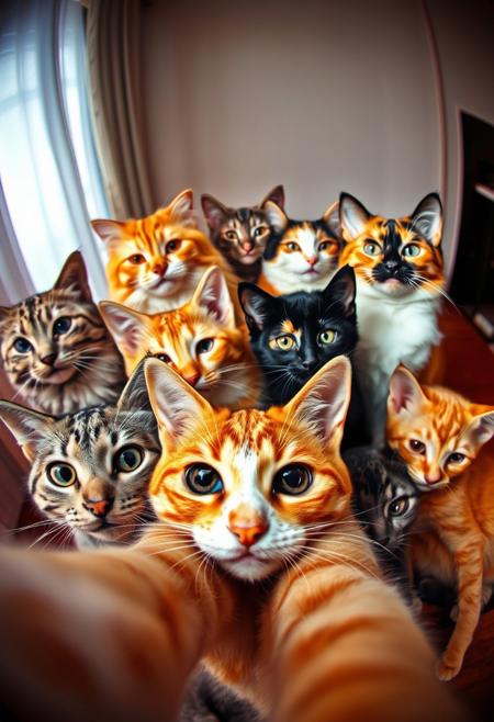 (Soft Lighting Photography by Mimoza Veliu and Mario Giacomelli:1.2), 8 cats take a selfie, including on long hair yellow cat, one orange strips cat, two 3-color cat, one black kitten, two grey kittens, and one short hair yellow kitten, in the style of fisheye effects, somber mood, strong facial expression, tilt shift . High dynamic range, vivid, rich details, clear shadows and highlights, realistic, intense, enhanced contrast, highly detailed