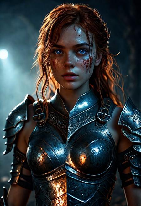 Ultra detailed digital art masterpiece Warrior girl dressed in a iron Armor, Standing on a battlefield at the head of an army of knights, where a bloody slaughter is taking place, standing in battle pose, a dark epic fantasy, perfect lighting, beautiful  Sadie Sink as Warrior girl, attractive woman, elegant, sinewy athletic body, unreal engine 5 nanite quality, mixed with dark elements, dark environment, very stormy night, clean dark velour witch clothing, LOTR style, dark washed out eyeliner, no make up, natural bloody face, realistic blue eyes, ultra detailed atmospheric details, beautiful glowing effects, sparkle effects, realistic body proportions, beautiful face proportions, complex masterpiece, wavy red hair, creative glowing detailed tattoos, complex physics, enhanced colors, complimentary colors, ultra detailed raytracing reflections, Ultra detailed complex background, environment feels alive, direct eye contact, dramatic lighting, wet and sweaty skin, beautiful firm Breasts, Concept art portrait by Greg Rutkowski, adding to the intense and dynamic atmosphere of the scene.