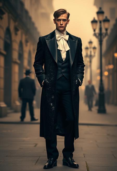 A full-body fashion (male) model wearing a black sequined long coat with shiny black lapels, standing confidently with hands in pockets. The model is wearing black dress pants and polished black shoes, paired with a white shirt and a large, elegant white necktie bow. The pose is relaxed yet stylish, leaning slightly to one side. The lighting is dramatic, with soft shadows, and the image has a sepia tone, adding a vintage or classical feel to the scene.  Background bokeh, 1860s London in Europe. Early evening, gaslit lamps, hazy fog, giving the impression of a candid and elegant fashion photoshoot in the city.