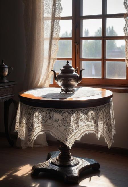 Old wooden table with lace tablecloth. On the table is a Russian samovar, made of shiny iron, shining in front of an old window, sunlight outside, realistic photo. Product photograph, detailed.