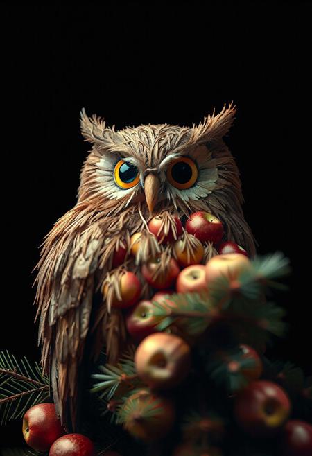 (HD, masterpiece, best quality, ultra detailed), 
(owl:1.1) made out of fir needles, and many apples are begun on the fir tree. fir needles pattern, fir needle style,
no humans, black background, 
depth of field, bokeh, chiaroscuro, cinematic, colorful, realistic, dynamic pose, dynamic angle, masterpiece, intricate details, ultra detailed, 8k, highly detailed, very aesthetic, professional 4k, add-detail-xl <lora:add-detail-xl.safetensors:0.8:0.8>